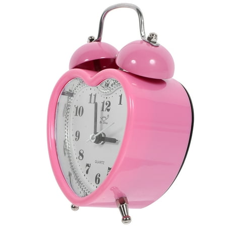 Non-Ticking Alarm Clock Battery Operated Bedside Clocks Twin Bell Small Heart Shape Pink Student Child