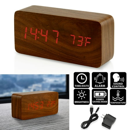 Oct17 LED Wooden Desk Clock Alarm Snooze Voice Control Timer Thermometer - Bamboo