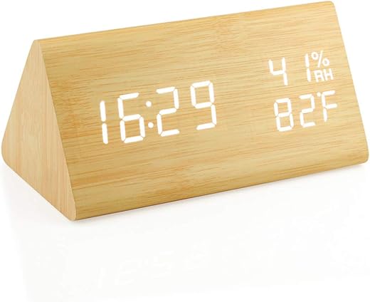 OCT17 Wooden Alarm Clock, Wood Alarm Clock Smart LED Digital Clock for Bedroom/desks, Upgraded with Time Temperature, Adjustable Brightness and Voice Control, Humidity Displaying - Bamboo