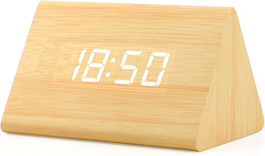 OCT17 Wooden Wood Clock, New Version LED Alarm Digital Desk Clock Adjustable Brightness, Alarm Time, Displays Time Date Temperature - Bamboo