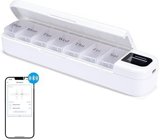 Odaro Smart Weekly Pill Organizer with Alarm - Bluetooth Pill Dispenser 7 Day, Vitamins Pill Box Reminder for Elderly (White)