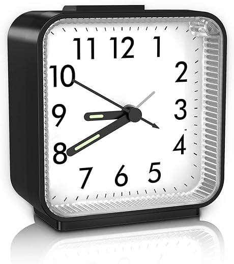 ORIA Analog Alarm Clock, Silent Alarm Clock, Non Ticking Alarm Clock, Small Alarm Clock with Nightlight, Snooze, Ascending Beep Sounds, Simple Operation for Bedroom, Home, Black