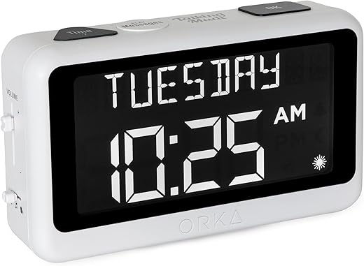 ORKA Talking Clock. Voice Recordable Ex Large Medication Pill Reminder. Talking Alarm Clock for Dementia, Hearing, Visually impaired Seniors-Digital Day Clock with Multiple Customized Alarms White