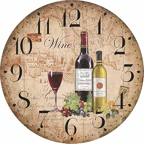 oumao 12 Retro Vintage Wine Pattern France Style Non-Ticking Silent Wooden Wall Clock Art Decoration for Kitchen/Living Room/Bedroom/Farmhouse