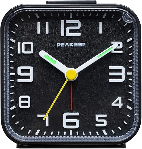 Peakeep 3D Numbers No Tick-Tock Analog Alarm Clock with Classic Beep Sound, Snooze, Manual Light and Battery Powered Small for Travel (Black-3D)