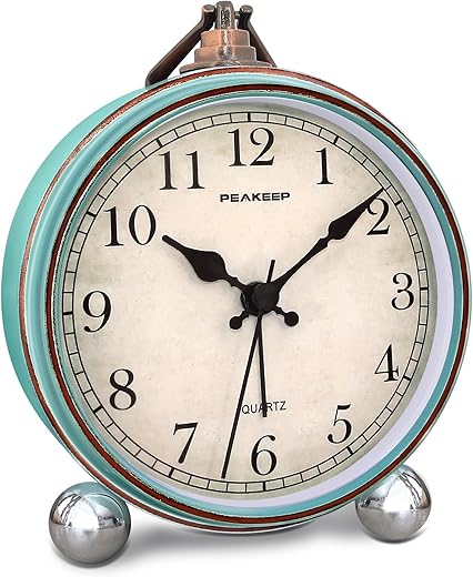 Peakeep 4" Small Battery Operated Antique Retro Analog Alarm Clock for Room Decor, Silent Elegant Bedside Desk Table Gift Clock