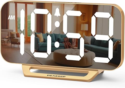 Peakeep Slim Digital Mirror Clock, Aesthetic Alarm Clock for Desk - Plug in Electric Clock Big LED Modern Decorative Small Table Clock for Office Living Room, Battery Backup, 6 Dimmers (Gold)