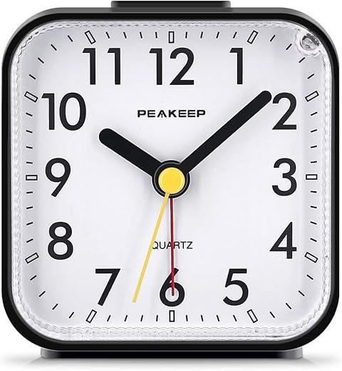 Peakeep Small Battery Operated Analog Travel Alarm Clock Silent No Ticking, Lighted on Demand and Snooze, Beep Sounds, Gentle Wake, Ascending Alarm, Easy Set (Black)