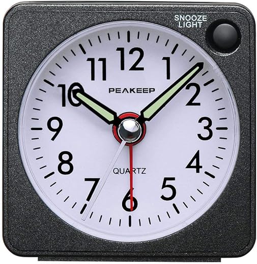 Peakeep Ultra Small, Battery Travel Alarm Clock with Snooze and Light, Silent with No Ticking Analog Quartz (Black)