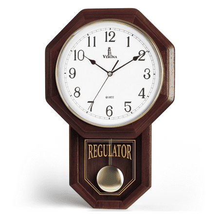 Pendulum Wall Clock - Decorative Wood Wall Clock with Pendulum - Schoolhouse Clock Regulator Design, Battery Operated & Silent, Wooden Pendulum Clock 18x11