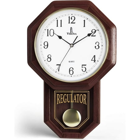 Pendulum Wall Clock - Regulator Clock - Real Wood Schoolhouse Wall Clock with Pendulum - Wooden Pendulum Clock Battery Operated - Decorative Wall Clocks for Living Room Decor, Home, Office 18x11