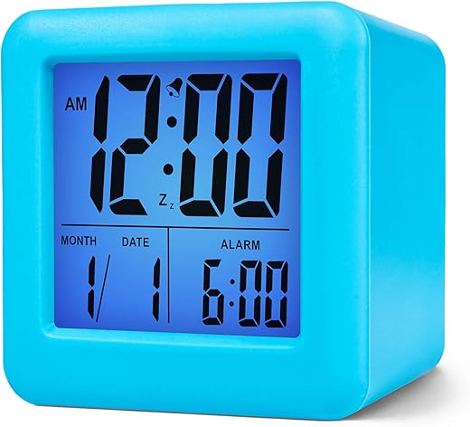 Plumeet Digital Alarm Clock Kids with Snooze and Nightlight - Easy Setting Silicone Clock Display Time, Date - Loud for Bedroom - Battery Powered (Blue)