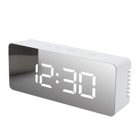 Portable Alarm Clock, USB Powered Modern Battery Operated Mini Mirror Clock, Large Digital LED Display, Smart Snooze Multi-Function 12/24h Format Temperature, Adjustable Brightness for Travel