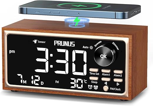 PRUNUS J-177 Retro Vintage Alarm Clock Radio with Fast Wireless Charging, Dual Alarms, Snooze, Sleep Aid, Large LED Display,Dimmer Control,Body Sensor,Auto-Dimming,Retro Clock for Bedroom【2024 Newest】