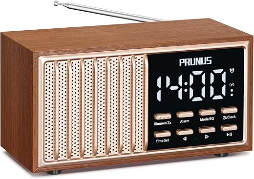 PRUNUS Retro Vintage Alarm Clock Radio with Bluetooth Speaker, Dimmer Control, Snooze, Hands-Free Calling, USB, AUX, TF Card & MP3 Player, Large LED Display, Type-C Input【Newest 2024】