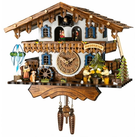 Quartz Cuckoo Clock with Musik Black Forest house with moving beer drinkers and mill wheel