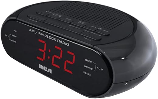 RCA RC205A AM/FM Alarm Clock, Black, Dual Wake, 0.6" Red LED, Sleep and Snooze Functions