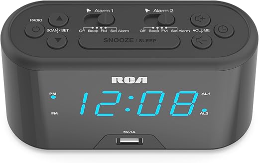 RCA RC571 Digital Alarm Clock Radio with Large Numbers and USB Charging, LED Display, Brightness Display, FM Radio with Presets, Dual Wake, Sleep Timer and Snooze Functions, Black