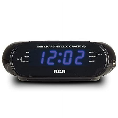 RCA USB Charging Clock Radio, .6â€ Blue LED Display, Brightness Display, FM Radio with Presets, Dual Wake, Sleep Timer, and Snooze Functions