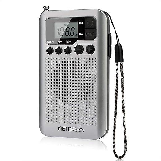 Retekess TR106 Portable Mini Pocket Radios AM FM Digital Tuning, AAA Battery Powered, Support Clock, Alarm, Sleep Timer, FM Stereo for Walking (Silver)