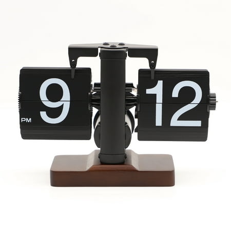 Retro Digital Flip Desk Clock, Vintage & Silent, Walnut Wood Base, Home/Office Decor(No Battery Included)-Black