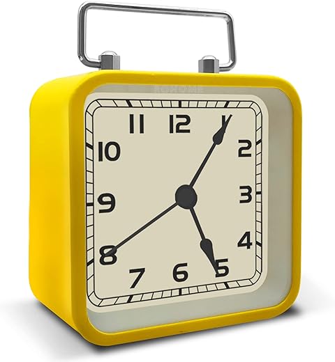 Retro Small Alarm Clock, Silent Quartz Movement with Night Light, Decorative Non Ticking Hanging for Kids Living Room, Office, Desk, Bedroom, Bedside, Hotel, Shelf, Nightstand (Yellow)