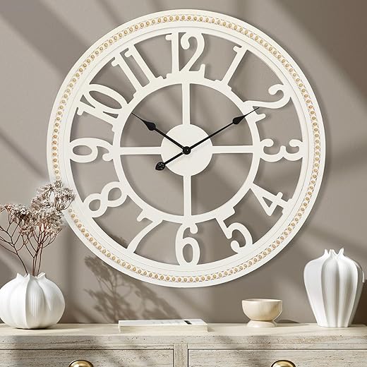 RiteSune Farmhouse Wall Clock 30 Inch, Large Wall Clock with Boho Beads, Wooden Silent Wall Clocks Battery Operated Easy Read, Clocks for Wall Decor