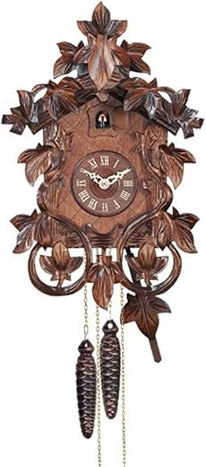 River City Clocks 14" one Day Mechanical Hand-Carved Cuckoo Intricate Leaves and Vines Wall Clock, Brown