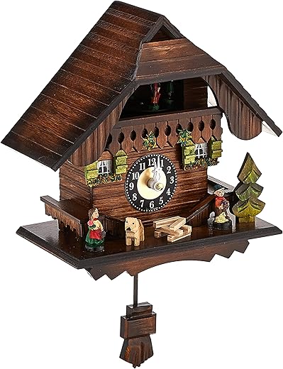 River City Clocks Quartz Cuckoo Clock - Painted Chalet with Dancers - Wesminster Chime or Cuckoo Sound - 7 Inches Tall - Model # 83-07QPT