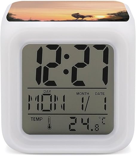 Rooster and Sunrise Colors Change Alarm Clock Night Light Cube LED Digital Clock Sleep Timer with Thermometer