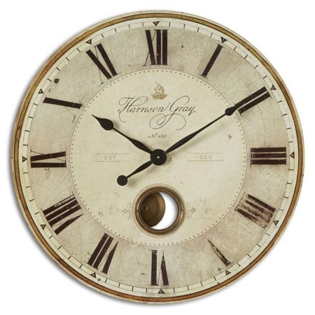 Rustic Wall Clock with Weathered Cream Face and Brass Components with Pendulum Bailey Street Home 208-Bel-1046229