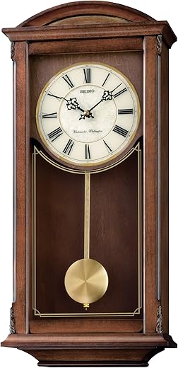 SEIKO Arched Wall Clock with Pendulum and Dual Chimes, brown, 21 x 10 x 4 Inch