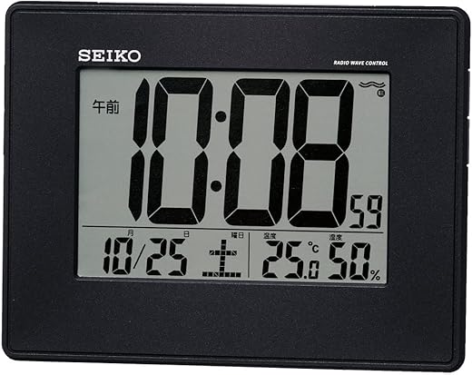 Seiko SQ770K Clock Alarm Clock, Radio Wave, Digital, Calendar, Temperature, Humidity, Display, Large Screen, Black, Metallic