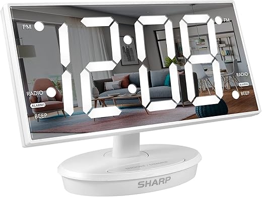 SHARP Digital Alarm Clock, 8.9 Extra Large Mirror LED Clock with Tilt and Swivel Display, Automatically Sets Time, Dual USB Charger Ports, FM Radio, 3 Level Adjustable Dimmer