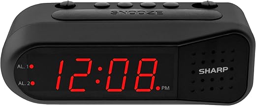 SHARP Digital Alarm Clock – Black Case with Red LEDs - Ascending Alarm Grows Increasing Louder, Gentle Wake Up Experience, Dual Alarm - Battery Back-up, Easy to Use with Simple Operation