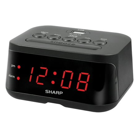 SHARP Digital Alarm Clock, Midnight Black, USB Charge Port, Red LED Display