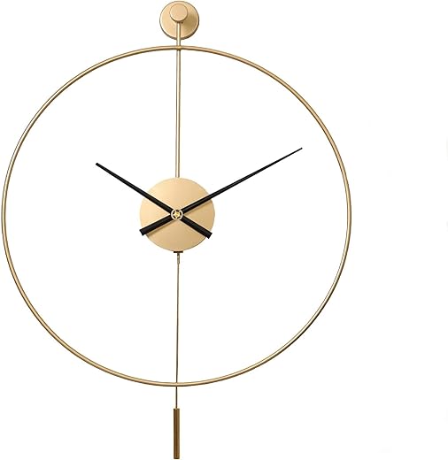 SHISEDECO Classical Large Modern Round Minimalist Wall Clock with Swing Pendulum, Non-Ticking Silent Metal Decorative Creative Art Clocks for Home, Living Room, Bedroom, Study, Office (20, Gold)