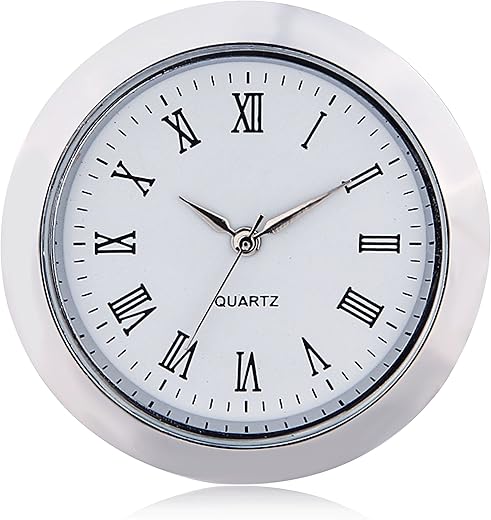 ShoppeWatch Mini Clock Insert Quartz Movement Round 1 7/16 (35mm) Miniature Clock Fit Up White Face Silver Tone Bezel Roman Numerals CK097SL