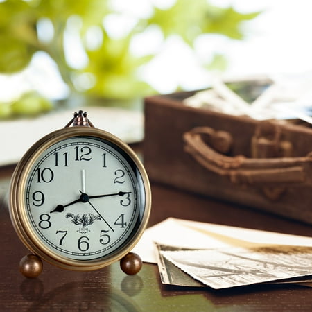 Silent Small Desk Alarm Clock,Vintage Metal Round Table Clock