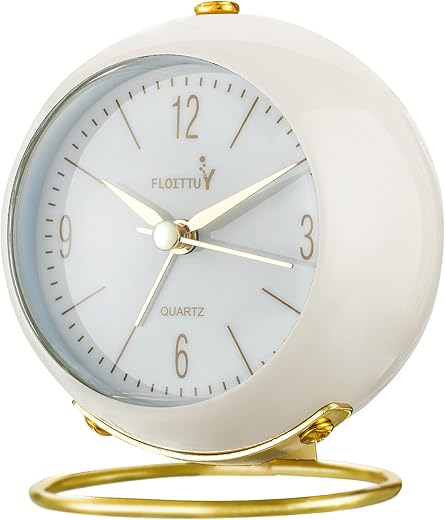 Silent Table Analog Alarm Clock No Ticking, Lighted on Demand and Battery Operated, Beep Sounds, Small Desk Clock(White)