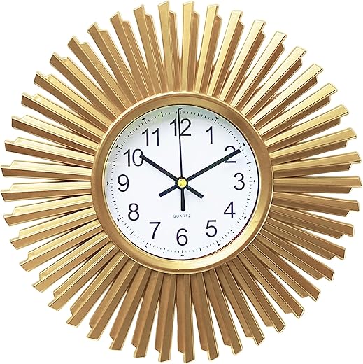 Small Gold Starburst Wall Clock Battery Operated Round Mid Century Modern Wall Clock for Living Room Bedroom Kitchen Home Office Decor-10 Inch