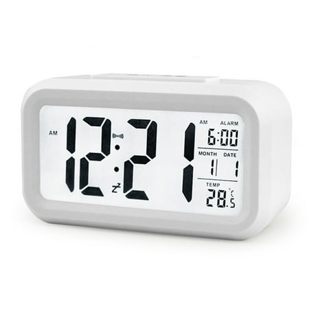 Smart Alarm Clock Light Sensor Digital LCD Clock Automatic Snooze Bedside Alarm Clock with Date and Temperature Display (White)