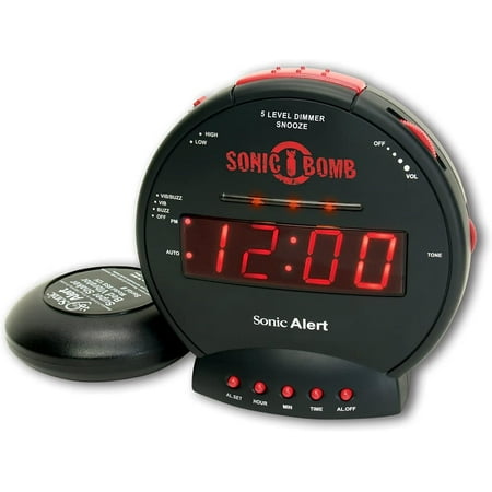 Sonic Alert - Sonic Bomb Dual Alarm Clock with Bed Shaker Vibrator and Digital Display - Black & Red