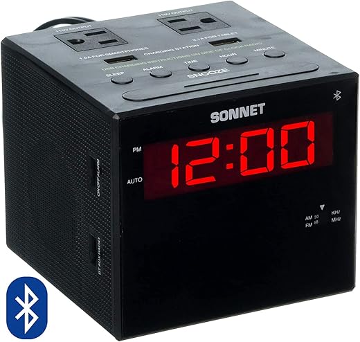 Sonnet Alarm Clock Charging Station, Bluetooth Speaker, AM FM Radio, Dual USB Charging Ports, Dual AC Outlets, Very Loud Alarm Clock for Heavy Sleepers and The Hearing Impaired for Desk, Bedroom