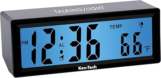 Sonnet Talking Alarm Clock for Visually Impaired, Elderly People, Blind, Hourly Voice Notifications, Blue Backlight Large Display Shows Time and Temperature, Loud for Heavy Sleepers by Ken-Tech, Black