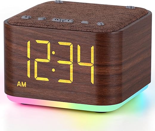 Sound Machine Alarm Clock for Bedroom: 5W Stereo Bluetooth Speaker - 25 Soothing Sounds - 8 Alarm Sounds - 8 Night Light - Noise Machine for Sleeping - Wood