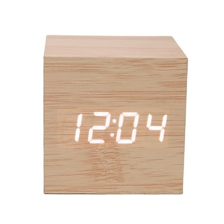 Square Wood Grain Electronic Clock led Silent Desktop Clock USB/Battery Powered Temperature Display