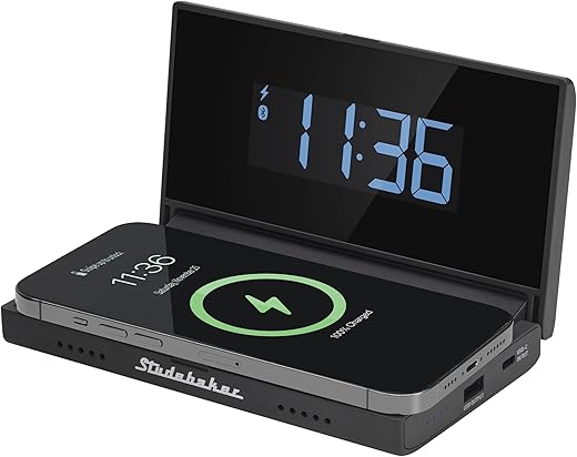 Studebaker Travel Accessory Techmate – Multi-Functional Portable Alarm Clock, Wireless Charging Station, Power Bank, On-Board Speakers with Bluetooth Automatic Time Set in Black