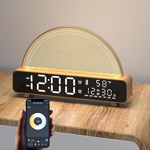 Sunrise Alarm Clock 2023 Calendar Clock Bedside Sleep Aid/Wake Up Lamp Compatible with Alexa Google Assistant Various Night Light Effect Relax Sounds APP Control Gift for Kids Teenage