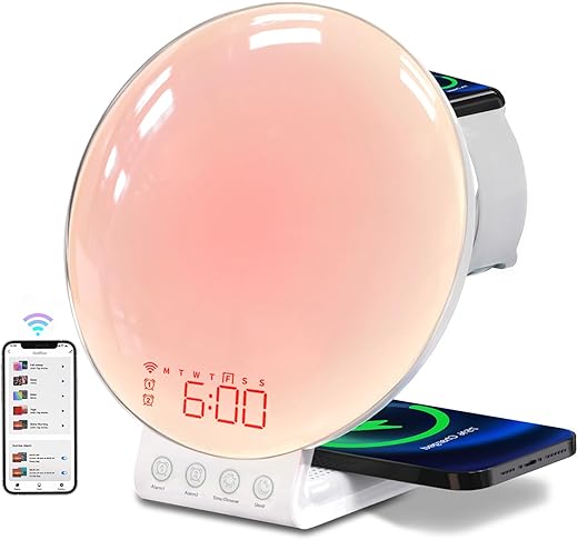 Smart Sunrise Alarm Clock with Wireless Charging Station, Compatible with iPhone/Apple Watch/Airpods, App Control White Noise Sound Machine, Night Light, for Kids & Adults